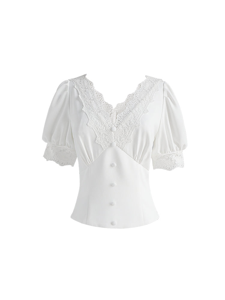 V-neck hollowed-out lace blouse