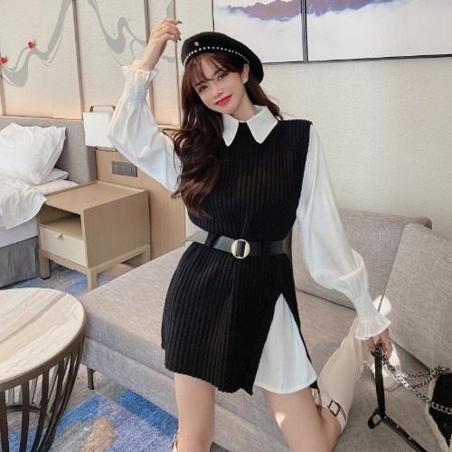 Suit Temperament Shirt Knitted Vest Jacket Female Two-Piece Trend