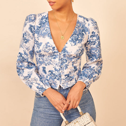 Summer Vacation V-Neck Blue And White Porcelain Print Shirt