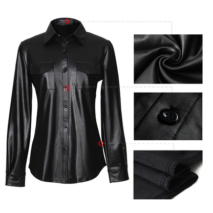 Sexy Ladies PU Leather Long Sleeve Shirt