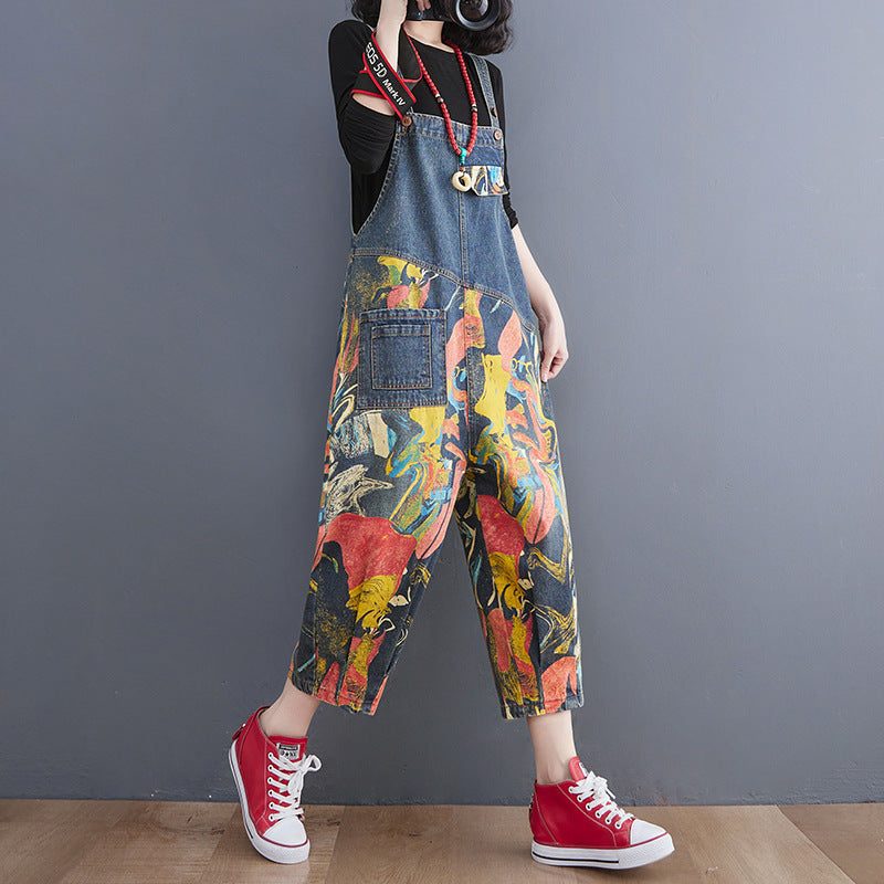 Ladies Fashion Slim Print Denim Bib Pants