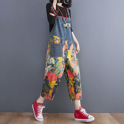 Ladies Fashion Slim Print Denim Bib Pants