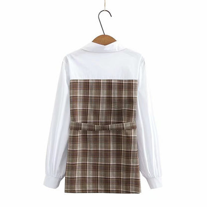 Retro Fake Two Piece Stitching Plaid Long-sleeved Shirt