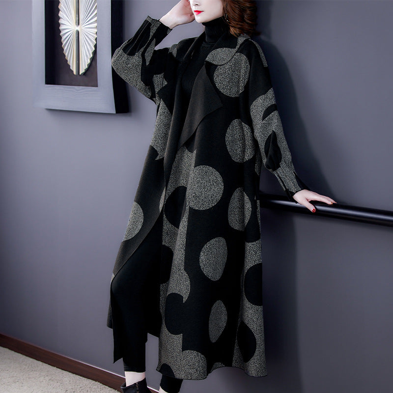 Loose Slimming Mid-length Large Lapel Polka Dot Coat For Women