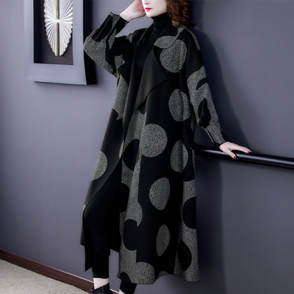 Loose Slimming Mid-length Large Lapel Polka Dot Coat For Women