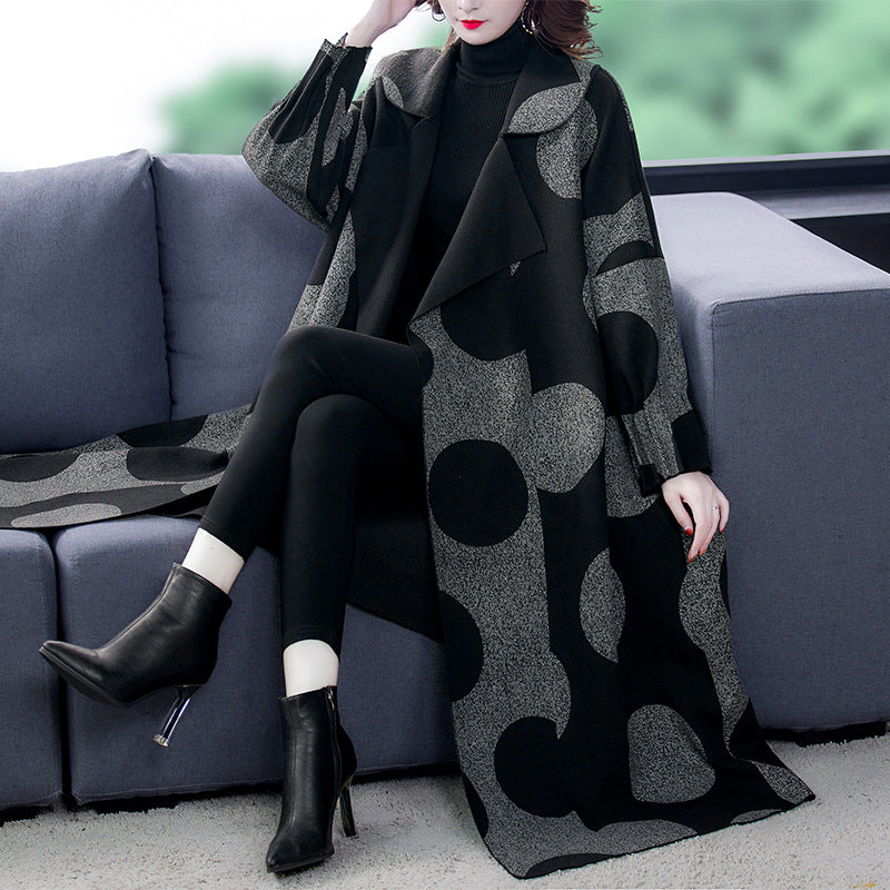 Loose Slimming Mid-length Large Lapel Polka Dot Coat For Women