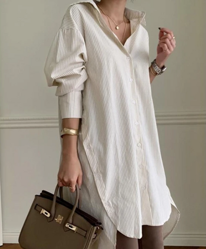 Korean style loose casual mid-length vertical striped shirt