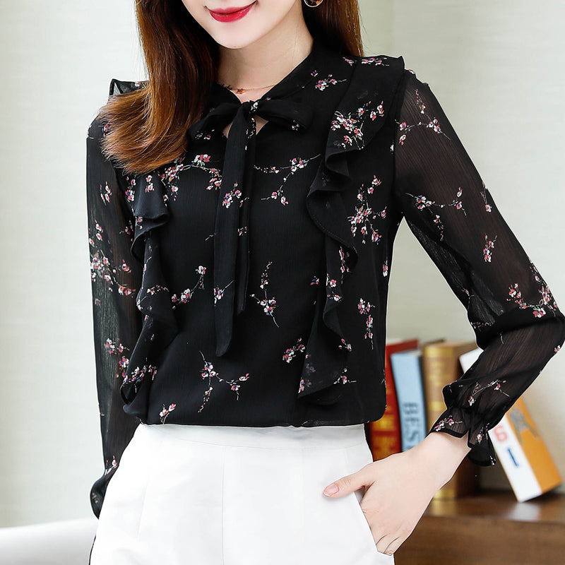 Long sleeve large size small shirt temperament floral blouse