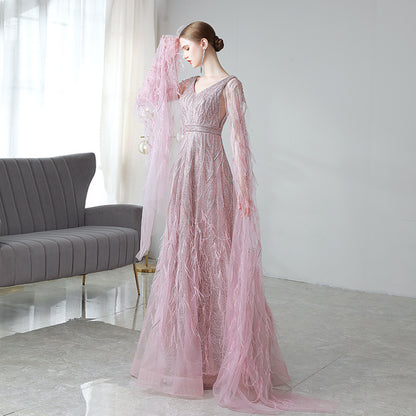 Feifei Long Sleeve Deep V Evening Dress Bridal Banquet Performance