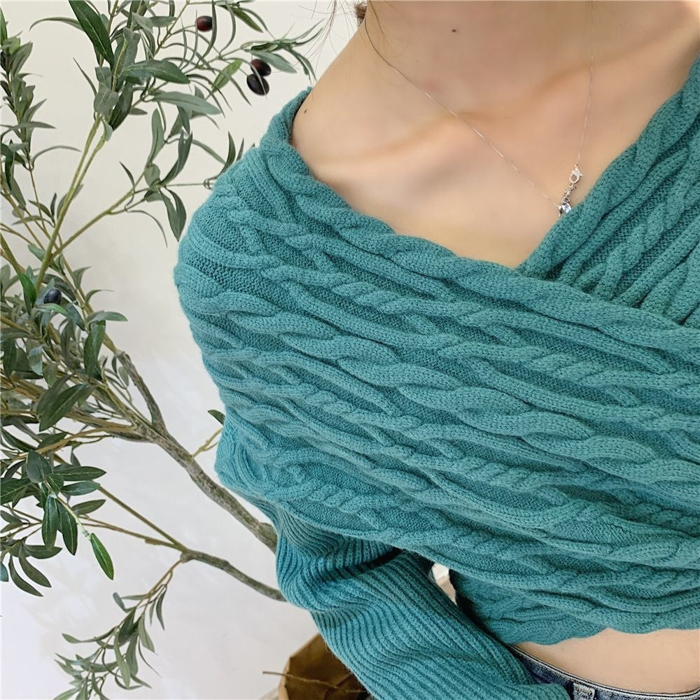 Version coréenne du nouveau Style de la clavicule col en v rétro pull torsadé pour femmes