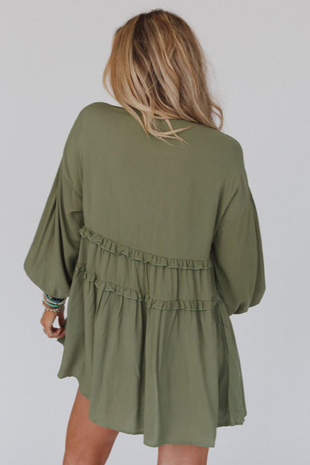 Green V Neck Puff Sleeve Frill Tiered Mini Dress