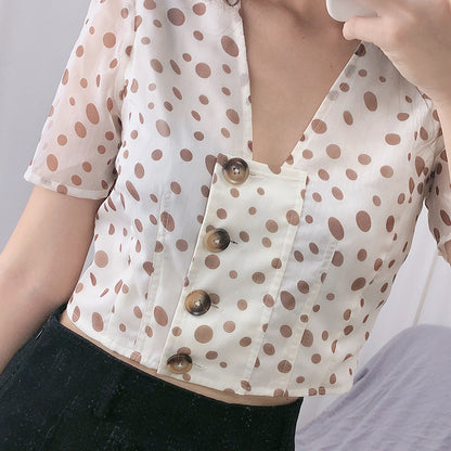 Trim short crop chiffon shirt