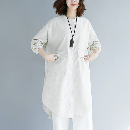 Solid Color Cotton And Linen Mid-Length Shirt