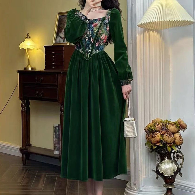 Robe rétro à manches longues en velours vert jacquard