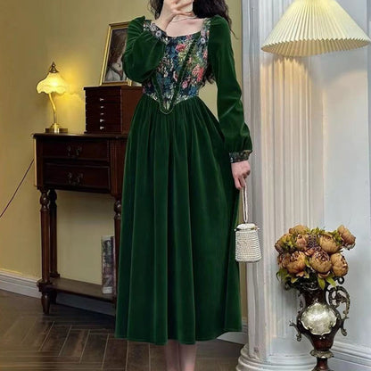 Green Velvet Jacquard Long Sleeve Retro Dress