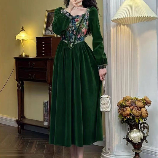 Green Velvet Jacquard Long Sleeve Retro Dress