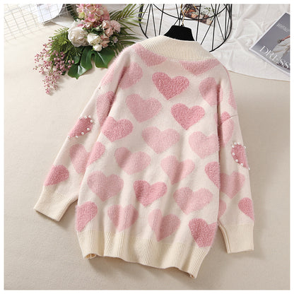 Loose beaded mid-length knitted cardigan