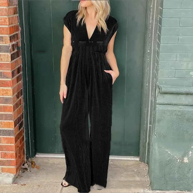 V-neck Short-sleeved High Waist Long Jumpsuit