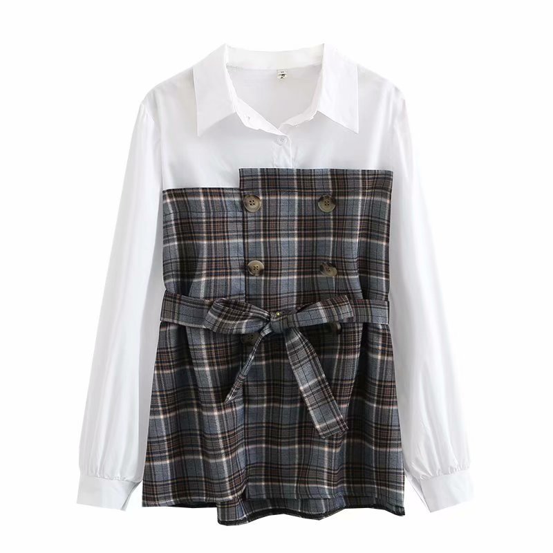 Retro Fake Two Piece Stitching Plaid Long-sleeved Shirt