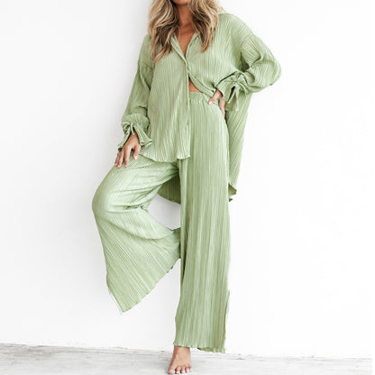 Pleated Shirt Long Sleeve Split Pajamas Two-piece Set