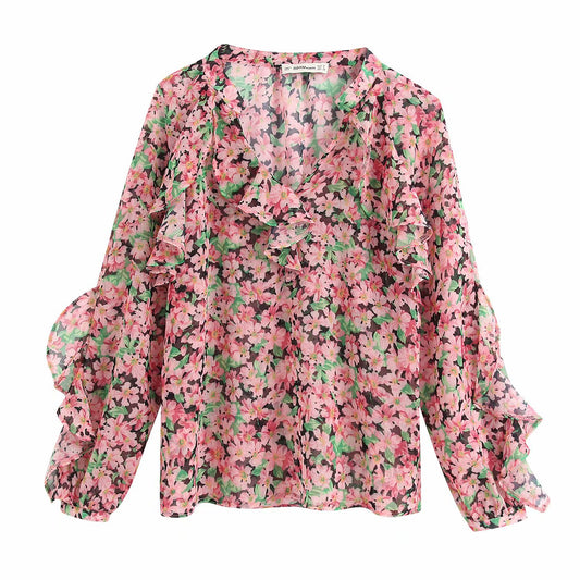 Printed women's chiffon shirt top