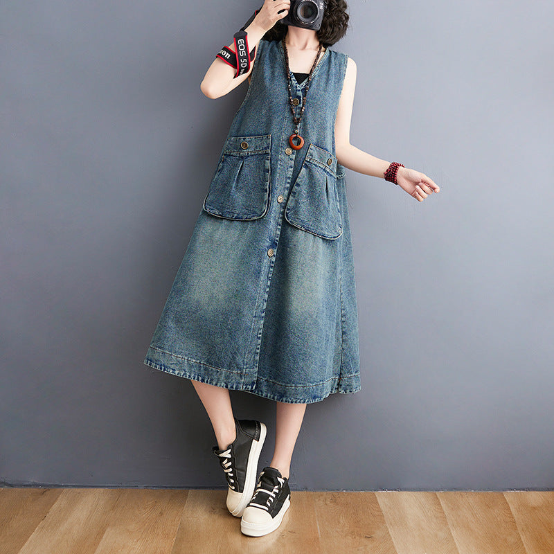 Fashion Casual Mid-length Sleeveless Denim Vest Dress