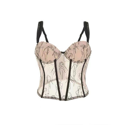 Top con tirantes de encaje estilo francés bordado con cabeza de belleza ropa exterior de verano para mujer