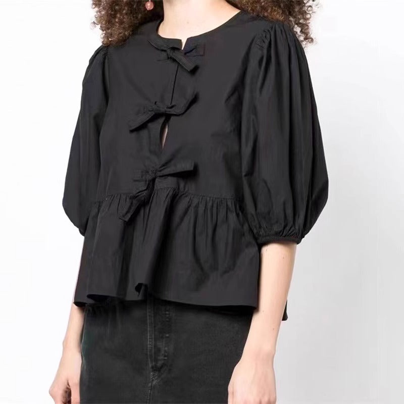 Chemise à lacets pour femmes, col rond, nœud papillon, manches bouffantes, couleur unie