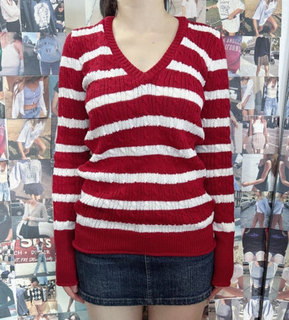 Loose V-neck Red And White Striped Cable-knit Sweater Coat