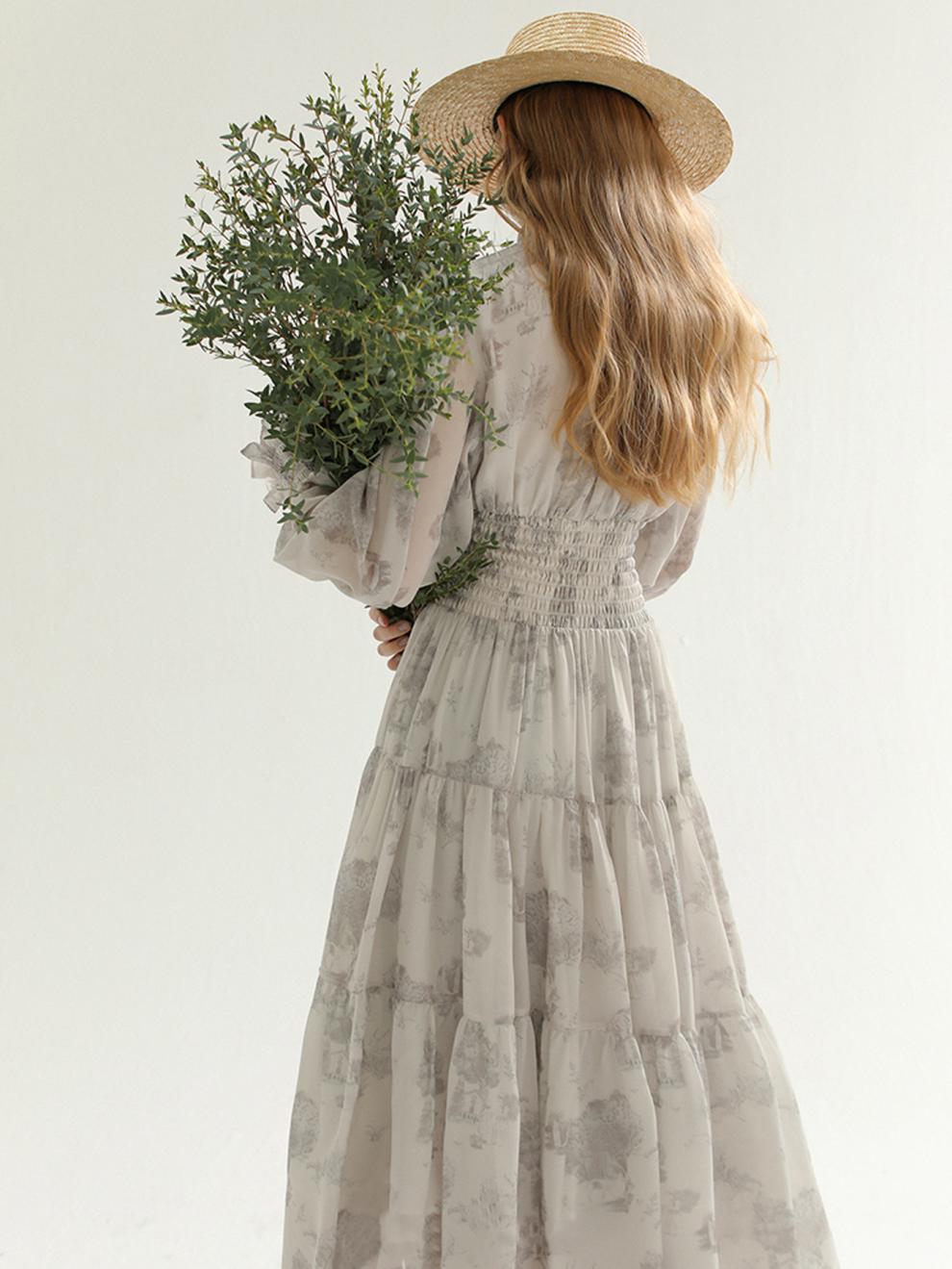 Vestido floral de manga larga Pausa para el té suave Falda larga