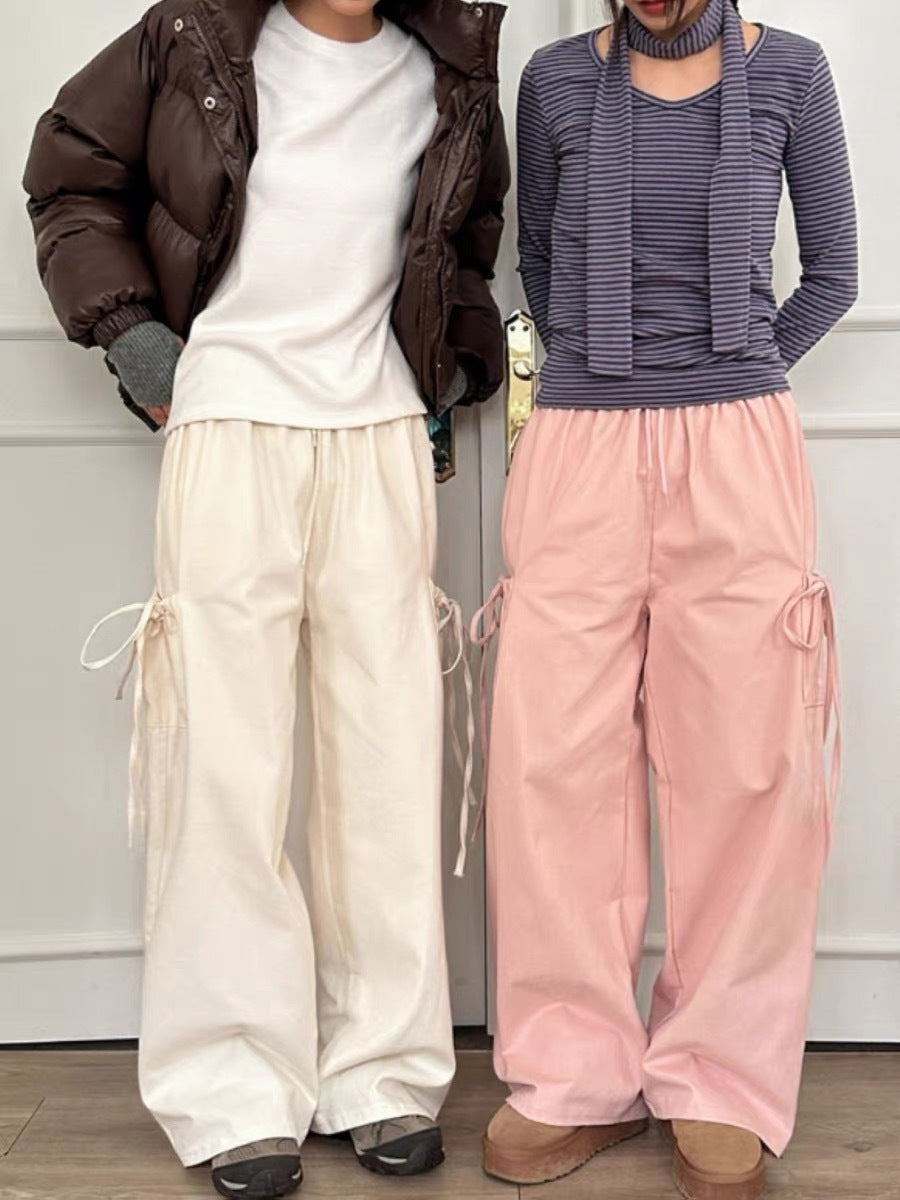 Niche Design Side Pocket Bow Bandage SpringSummer New Straight Loose Casual Pants