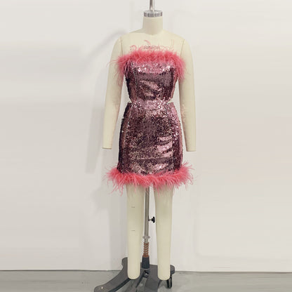 Nouveau Jupe de costume à paillettes en plumes rouges Rose pour femmes