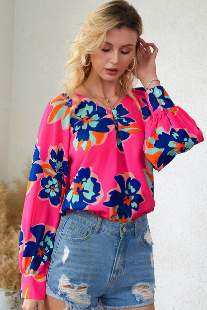 Blusa con manga farol y cuello en V con estampado floral