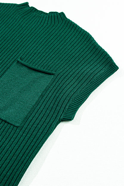 Vestido jersey de punto acanalado con bolsillo de parche de manga corta verde negruzco