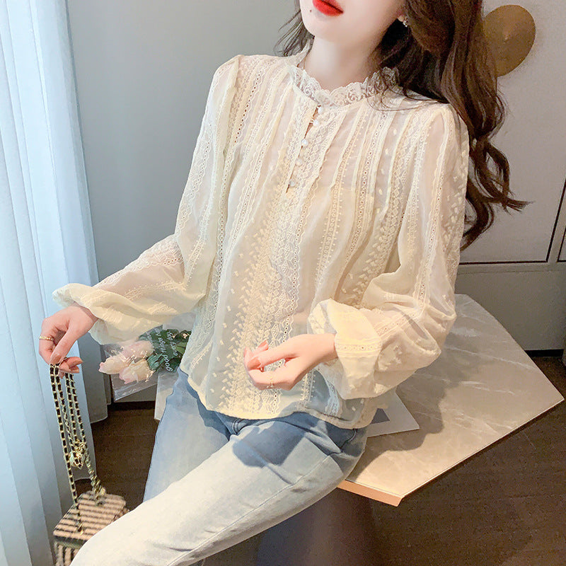 Women's New Embroidered Hollow Lantern Long Sleeve Shirt