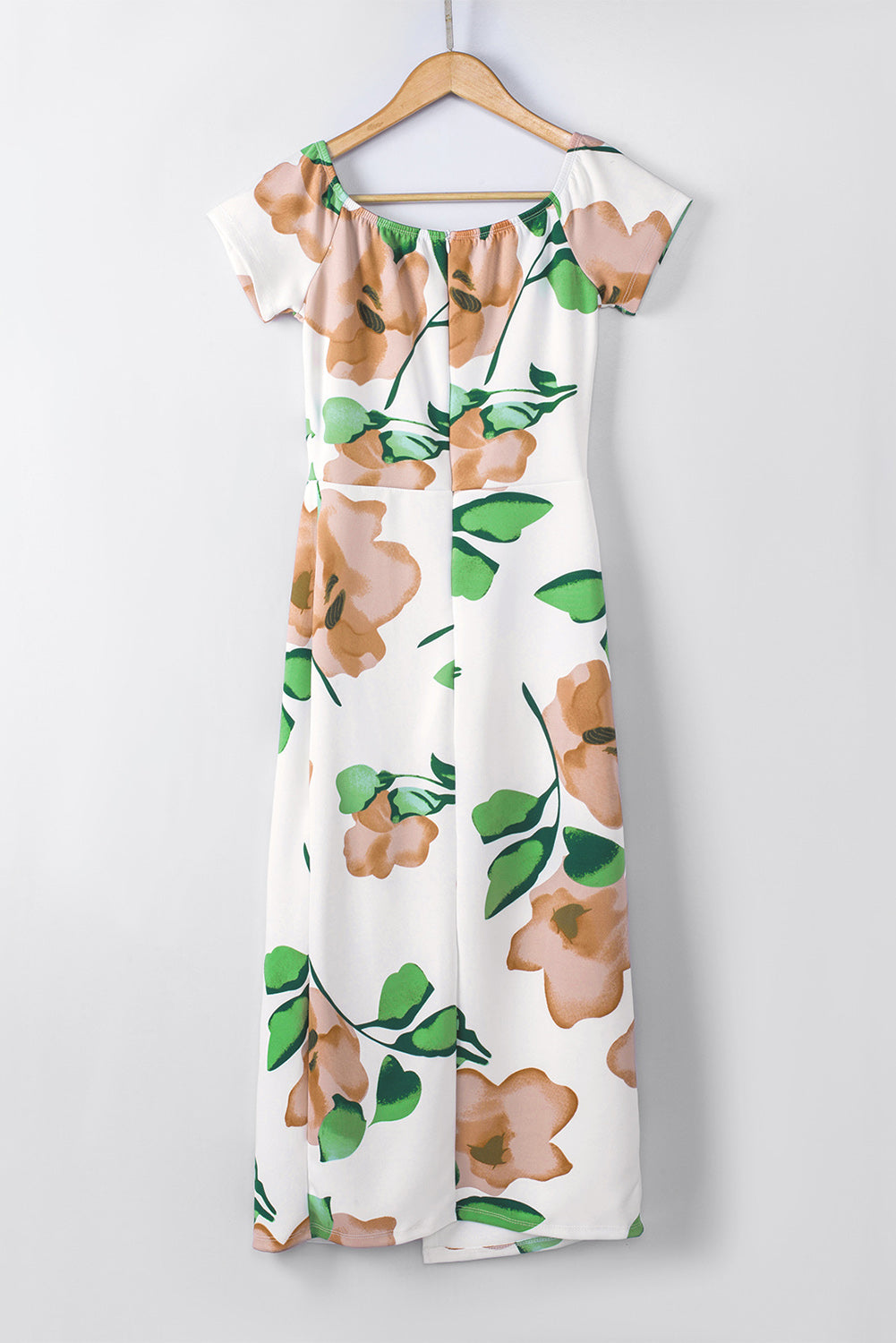 Robe mi-longue moulante fendue à épaules dénudées et imprimé floral vert