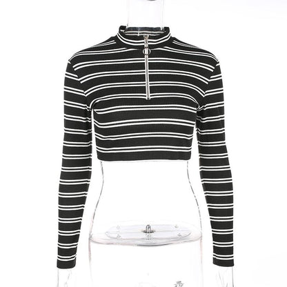 STRIPPED ZIPPER CROPPED SWEATSHIRT