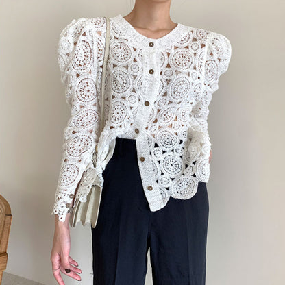 Pull décontracté à manches bouffantes au crochet pour femme