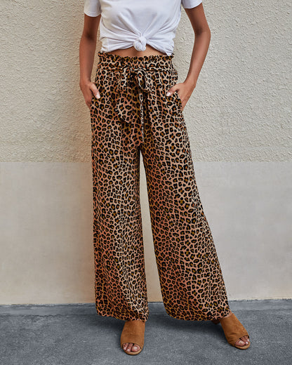 Women's Fashionable Leopard Print Lace-up Wide-leg Trousers