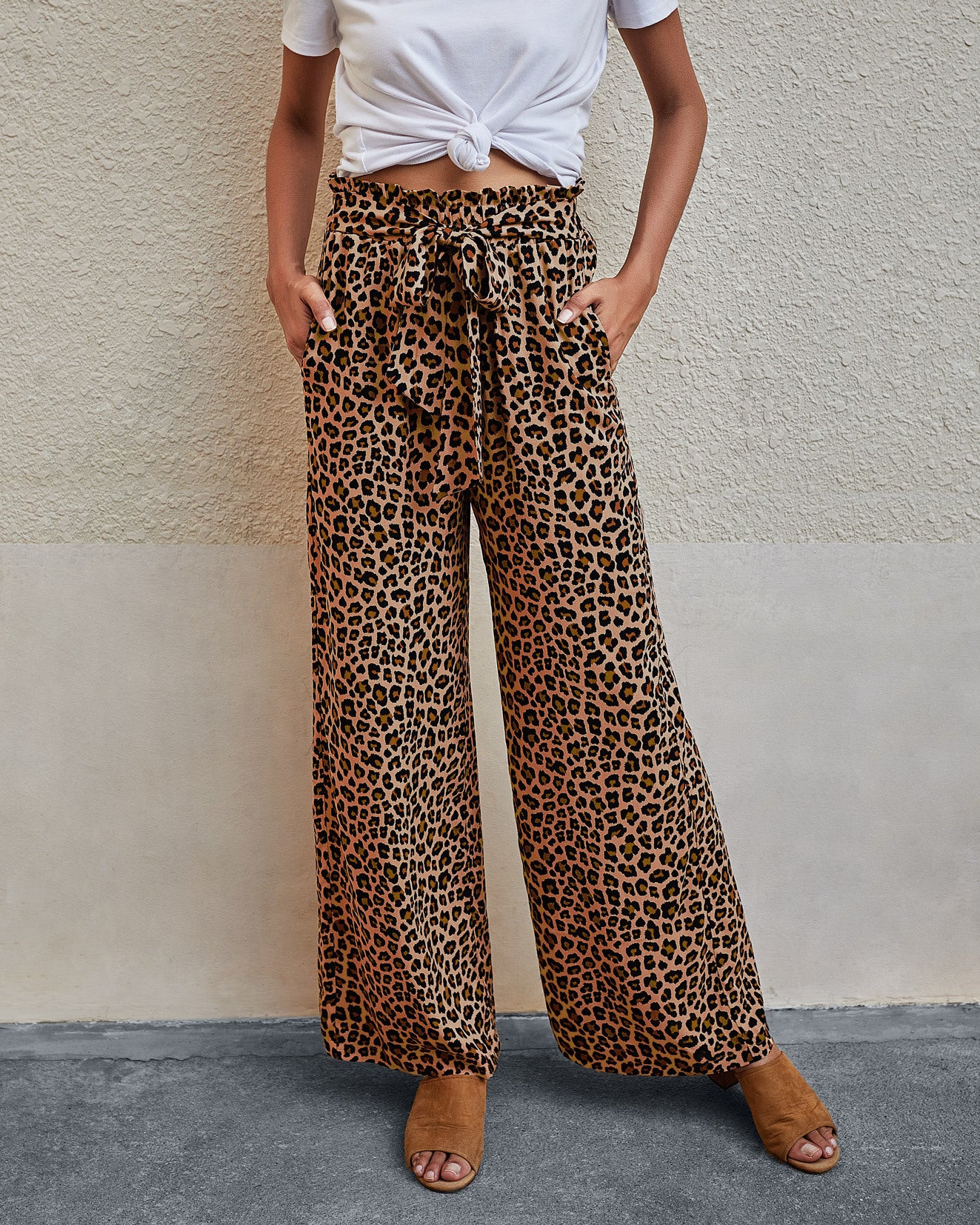 Pantalones anchos con cordones y estampado de leopardo de moda para mujer