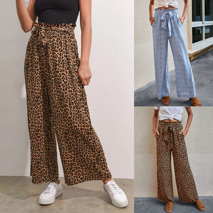 Pantalones anchos con cordones y estampado de leopardo de moda para mujer