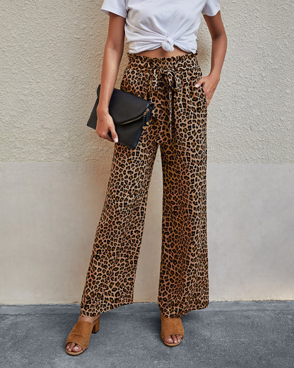 Women's Fashionable Leopard Print Lace-up Wide-leg Trousers