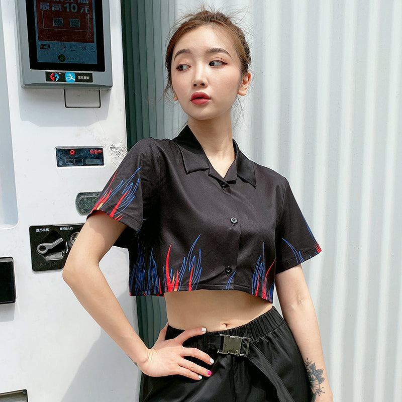 Street shot handsome flame short shirt female suit top