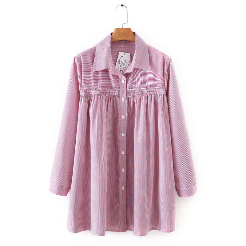 Cotton Striped Mid-Length Loose-Fitting Long-Sleeved Shirt