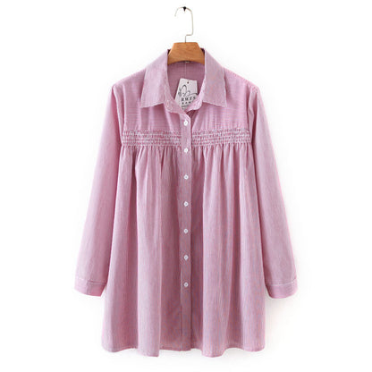 Cotton Striped Mid-Length Loose-Fitting Long-Sleeved Shirt