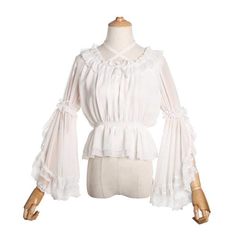 Blusa de gasa dulce para mujer Top Lolita con cuello cruzado y manga acampanada para verano