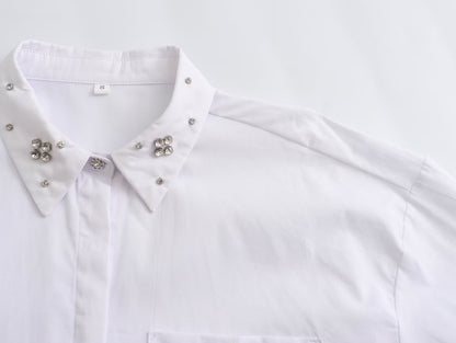 New Artificial Jewelry White With Lapel Cotton Poplin Shirt Top