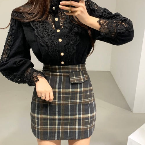 Sweet Stand Collar Long Lace Panel Long Sleeve Shirt Top