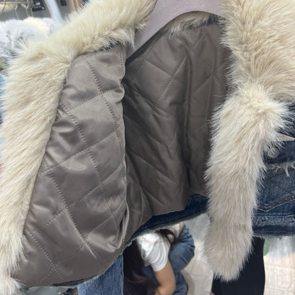 Denim Splicing Quilted Environmental Protection Fox Fur Denim Coat Short