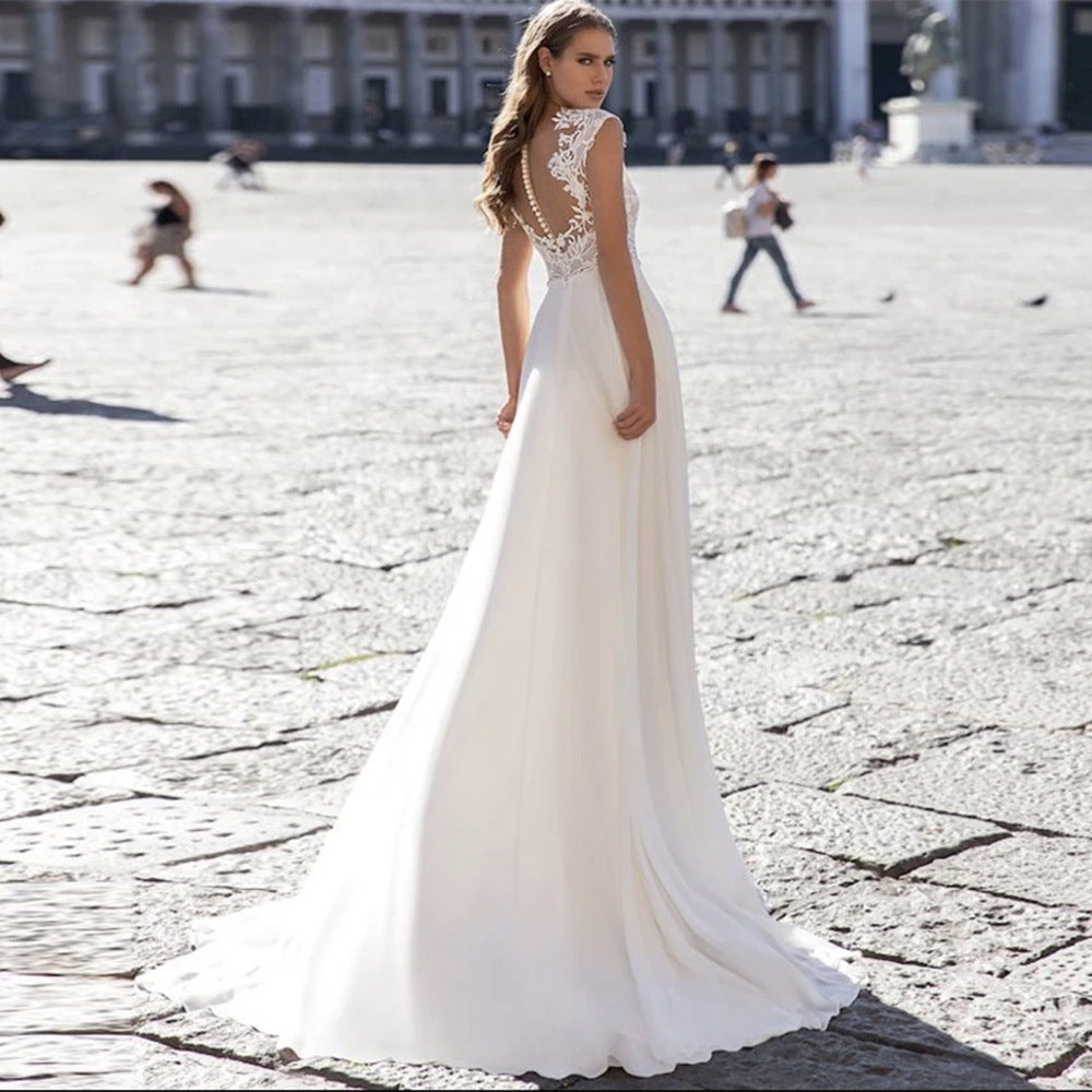 Vestido de novia de gasa serie A con cuello en V y manga larga